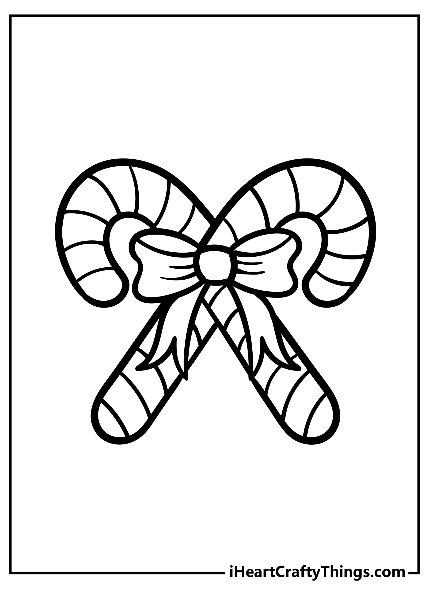 Black-and-white coloring page showing two crossed, striped candy canes tied together with a bow.