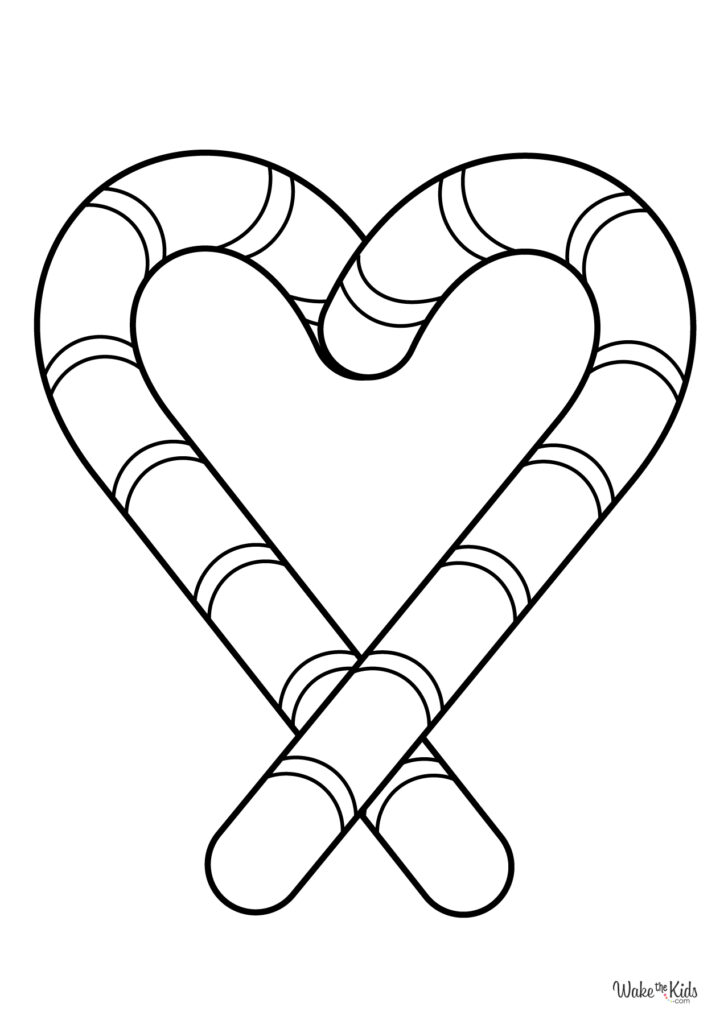 A black-and-white coloring page of two crossed candy canes, decorated with curved stripe sections.