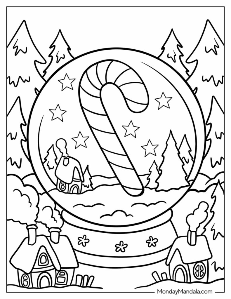 A candy cane inside a snow globe, surrounded by stars, snowy trees, and small houses, presented as a black-and-white coloring page.