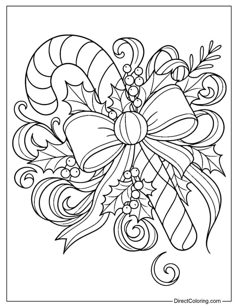 Black-and-white coloring page featuring striped candy canes, a large bow, holly leaves, berries, and curled ribbon.