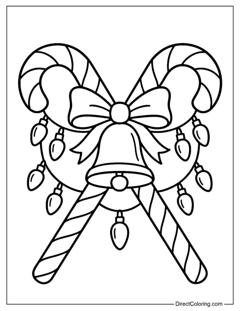 Black-outline coloring page of two striped candy canes crossed behind a bell, bow, and hanging lights.