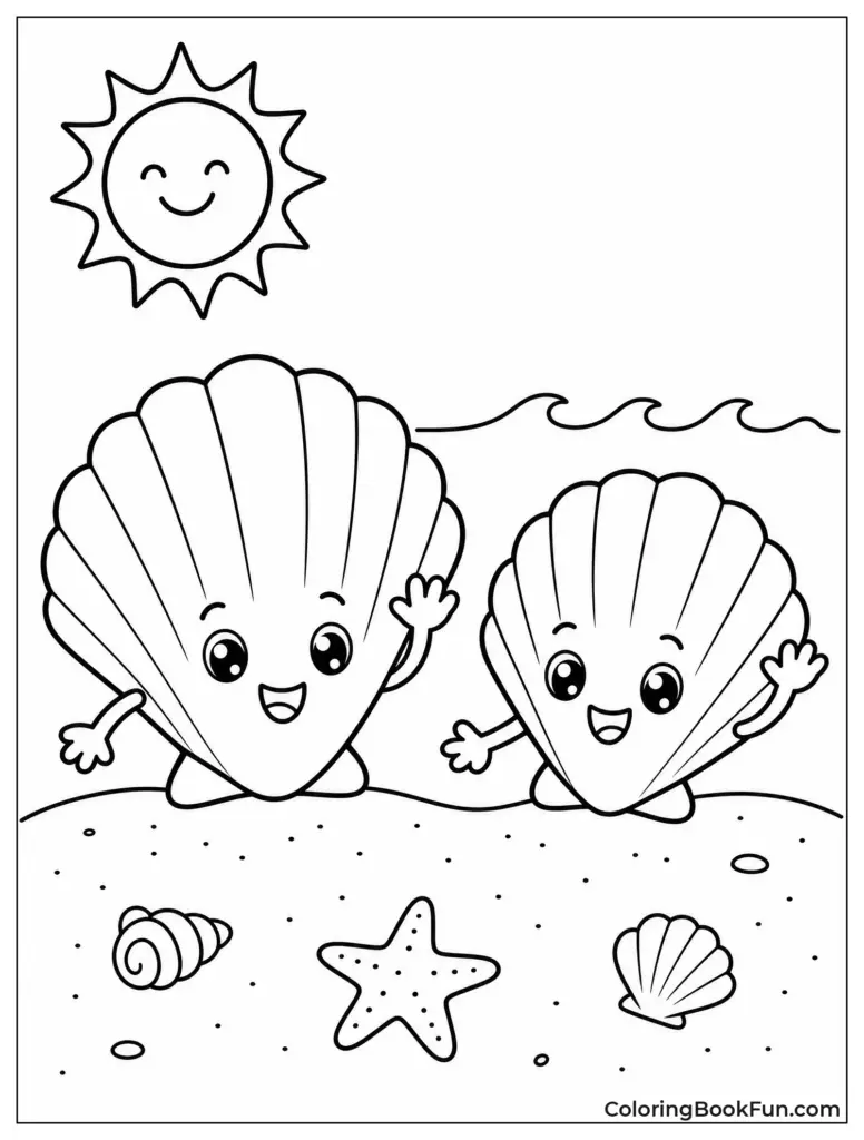 A beach coloring page with two smiling seashell characters, a sun, waves, a starfish, and smaller shells on the sand.