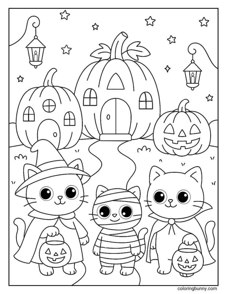 Halloween coloring page with three costumed cats holding jack-o’-lantern pails, pumpkin-shaped houses, hanging lanterns, and stars.