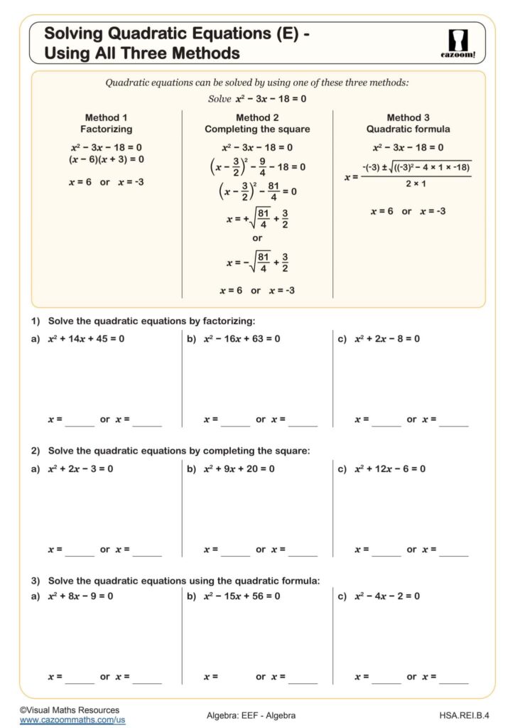 A worksheet titled “Solving Quadratic Equations” shows worked examples using factoring, completing the square, and the quadratic formula, followed by practice problems for each method.
