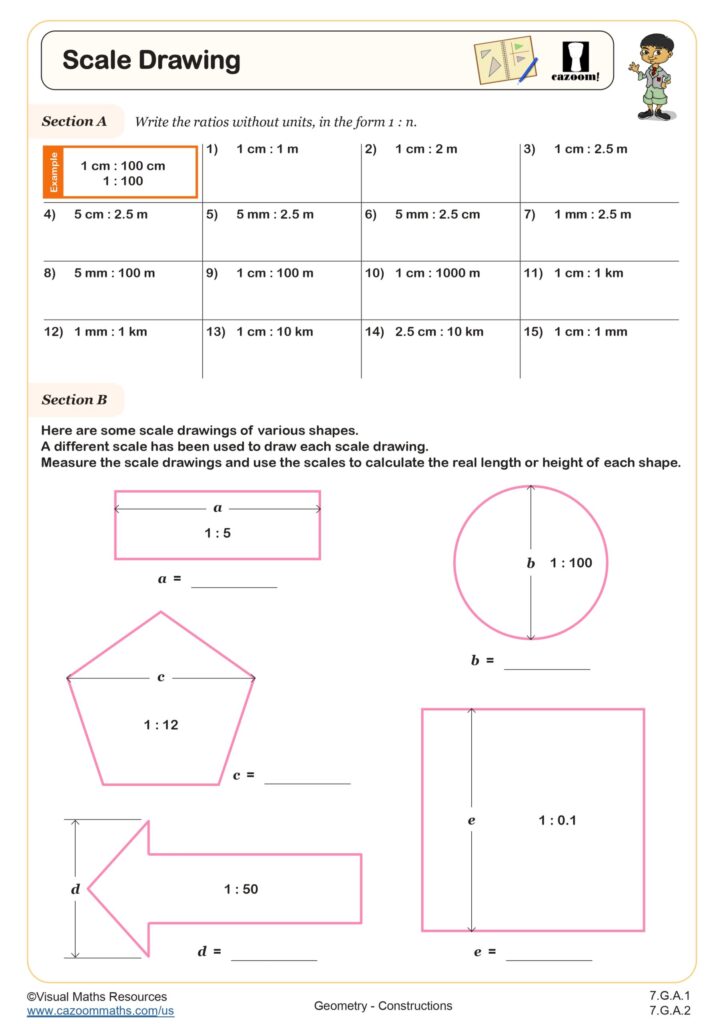A geometry worksheet titled “Scale Drawing” with ratio-conversion questions and diagrams of a rectangle, circle, pentagon, arrow, and square for calculating real dimensions.