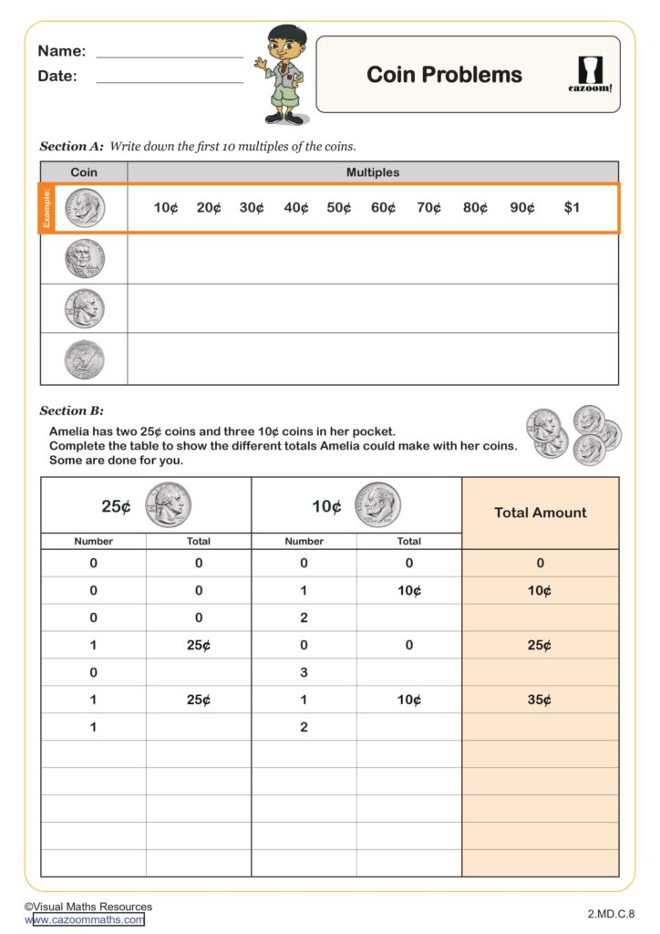 A coin-problems worksheet asks students to list multiples of coins and complete a table of totals using 25¢ and 10¢ coins.