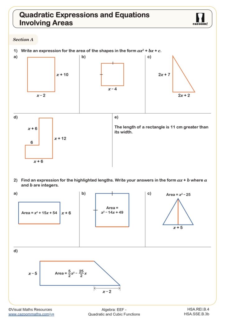 Algebra worksheet on quadratic expressions and equations involving areas. Students write area expressions for rectangles, a triangle, and a composite shape, then find expressions for highlighted lengths.