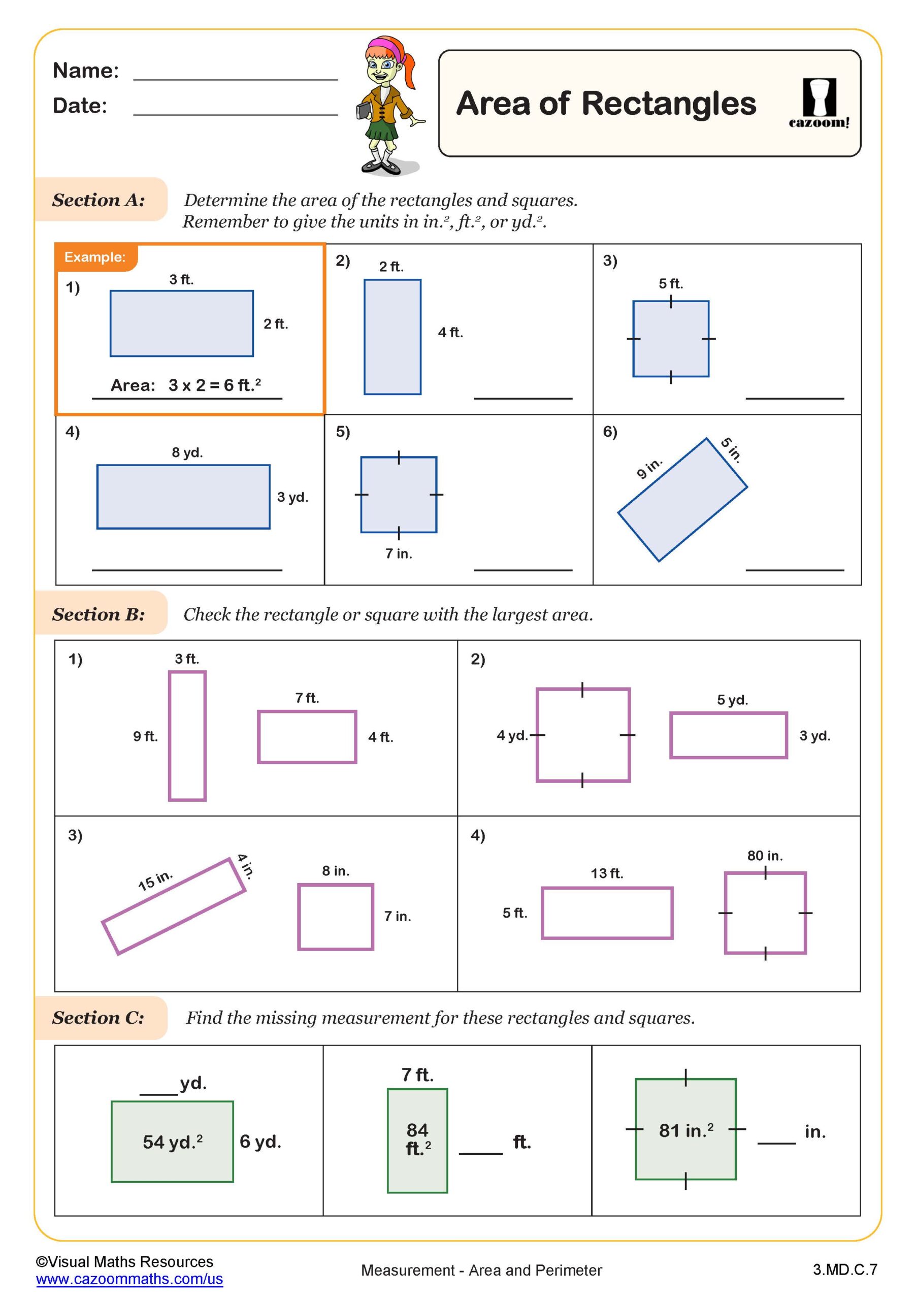 A worksheet titled “Area of Rectangles” has three sections: calculating rectangle and square areas, choosing the largest area, and finding missing side measurements.