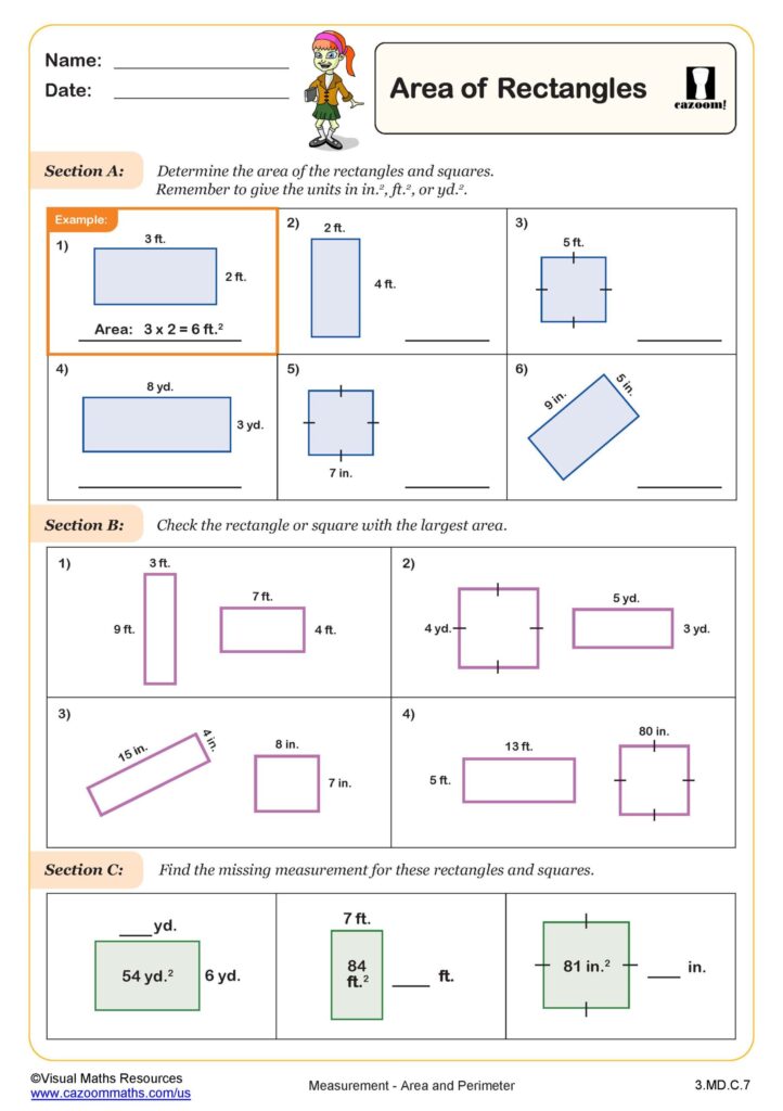 A math worksheet titled “Area of Rectangles,” with sections on calculating areas, comparing rectangle and square areas, and finding missing measurements.