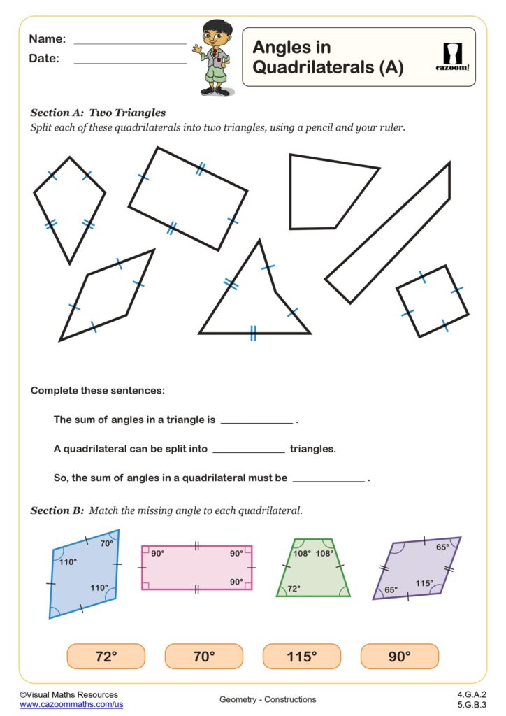 Geometry worksheet on angles in quadrilaterals, with shapes to split into triangles and exercises matching missing angles to quadrilaterals.