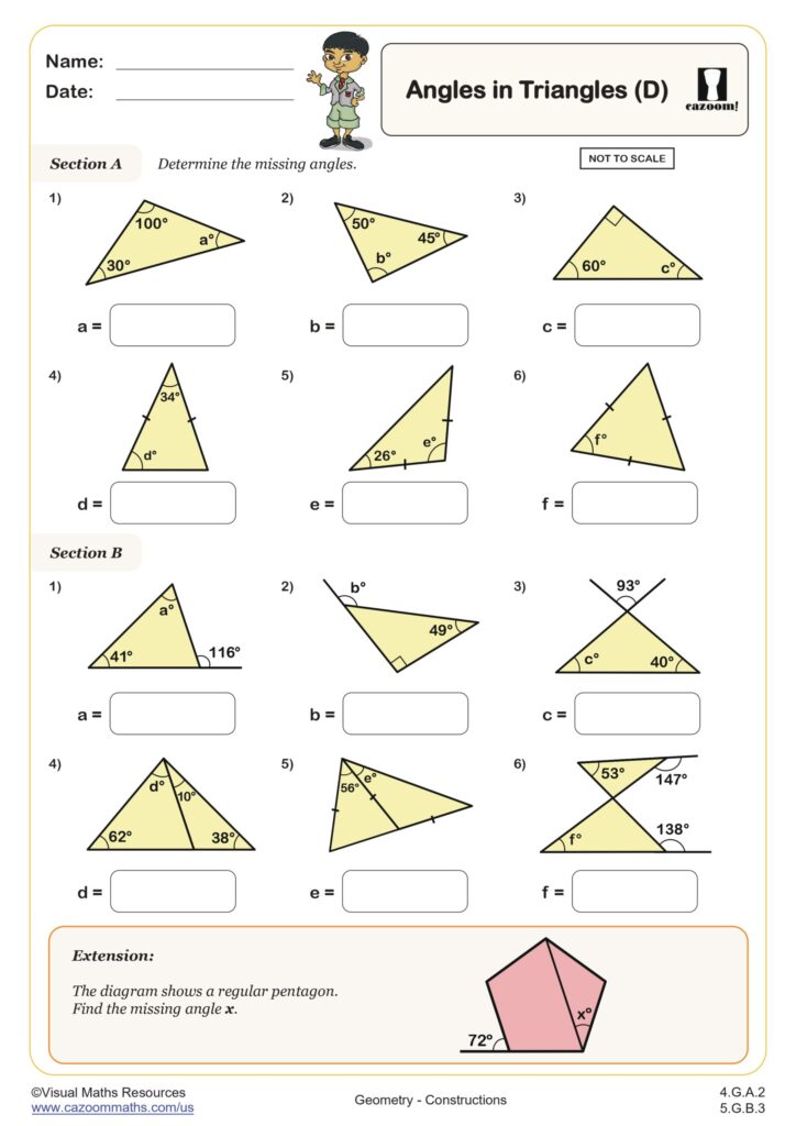 A geometry worksheet titled “Angles in Triangles (D)” with sections on missing angles in triangles, including an extension problem about a regular pentagon.