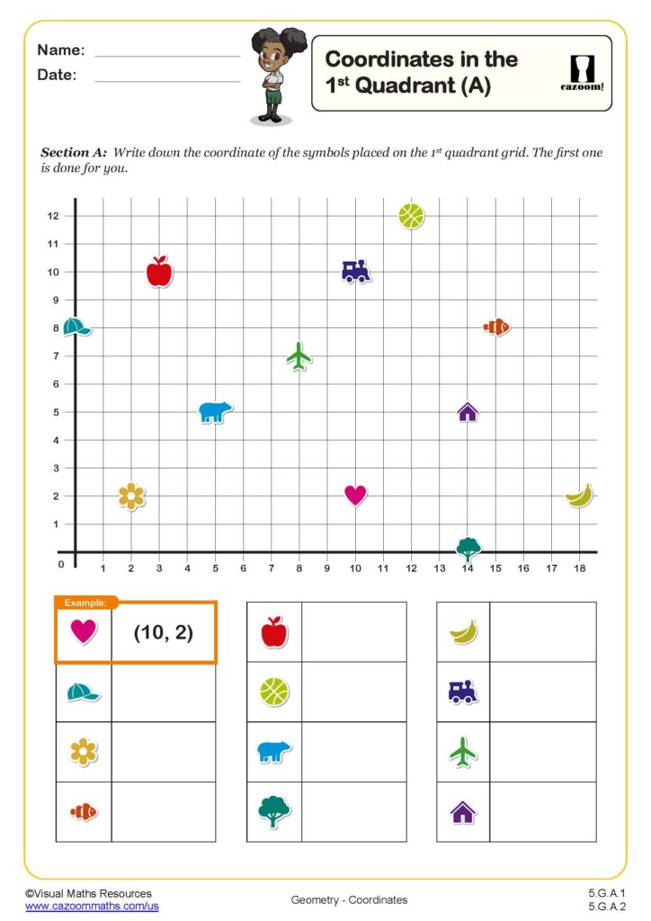 A coordinate-plane worksheet asks students to identify symbols in the first quadrant, with an example and blank answer boxes for each symbol.