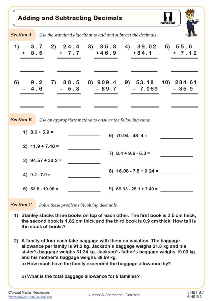 A decimals worksheet with sections on standard-algorithm addition and subtraction, mixed decimal sums, and word problems about book thickness and luggage allowances.