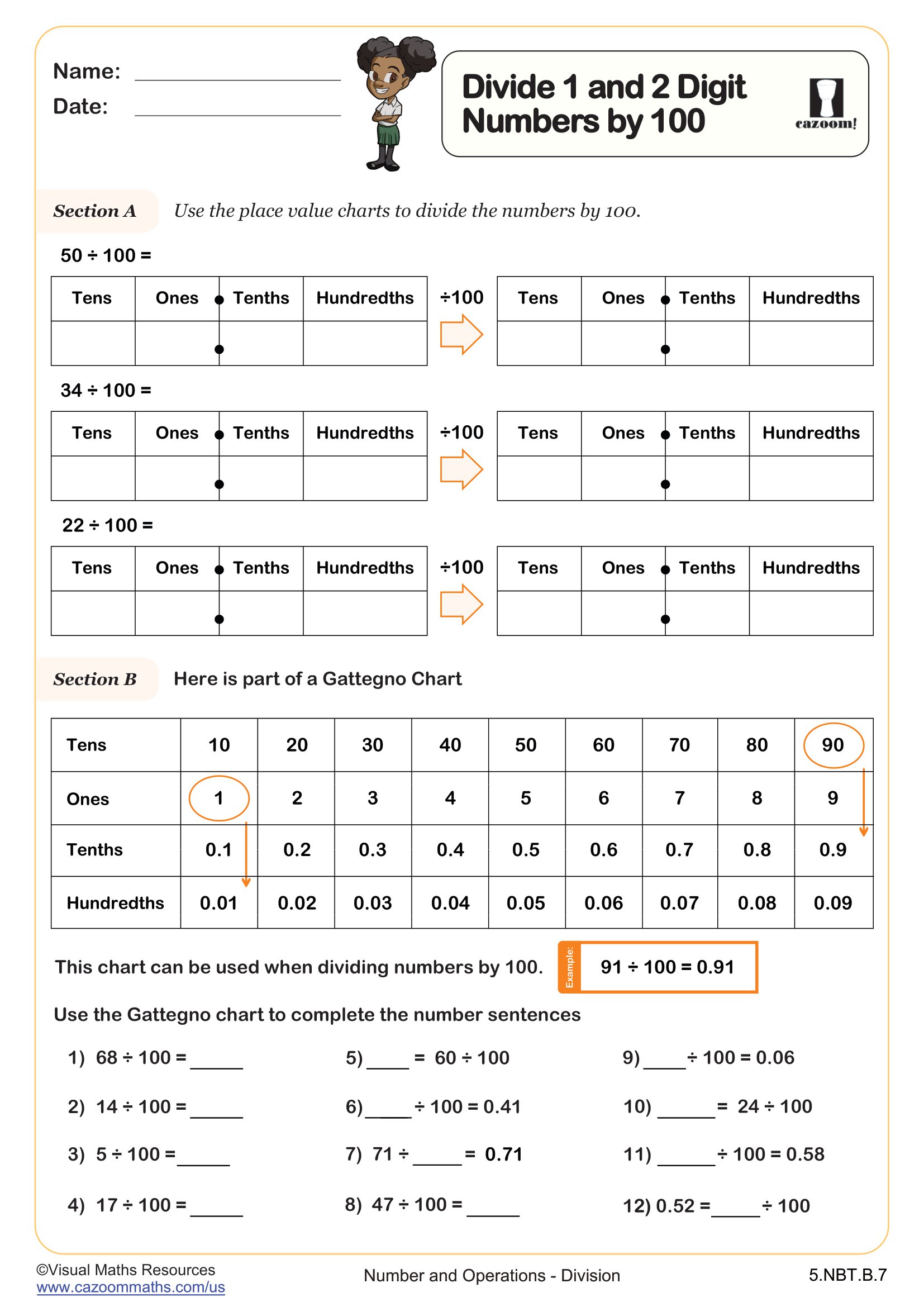 A worksheet on dividing numbers by 100, with place-value charts, a Gattegno chart, and practice number sentences.