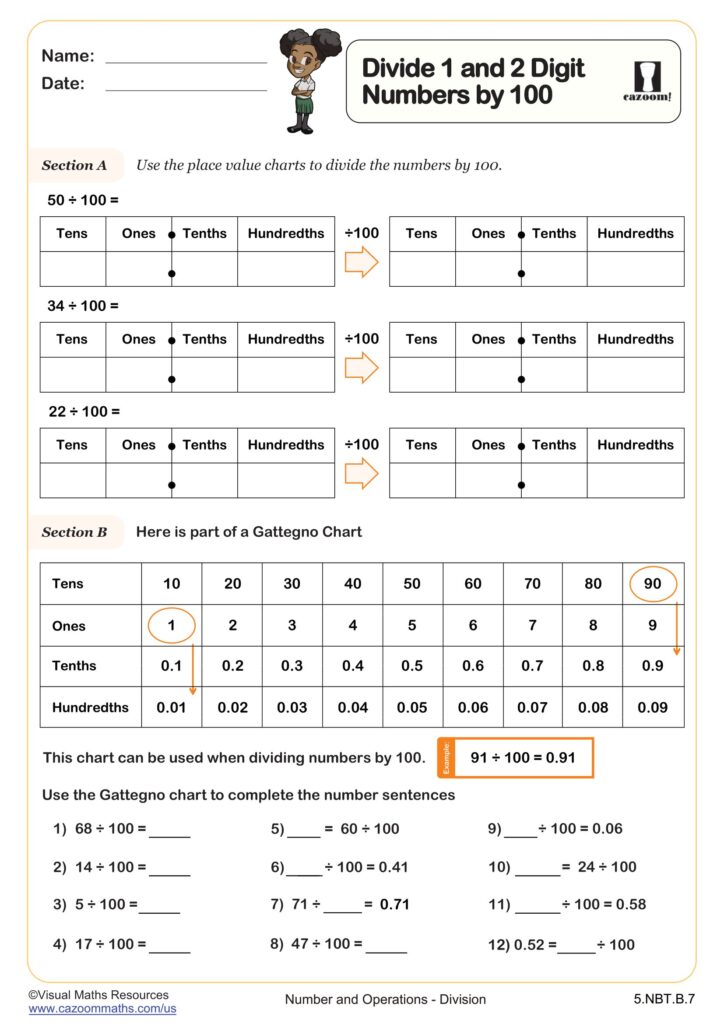 A worksheet on dividing one- and two-digit numbers by 100, with place-value charts, a Gattegno chart, and practice problems.