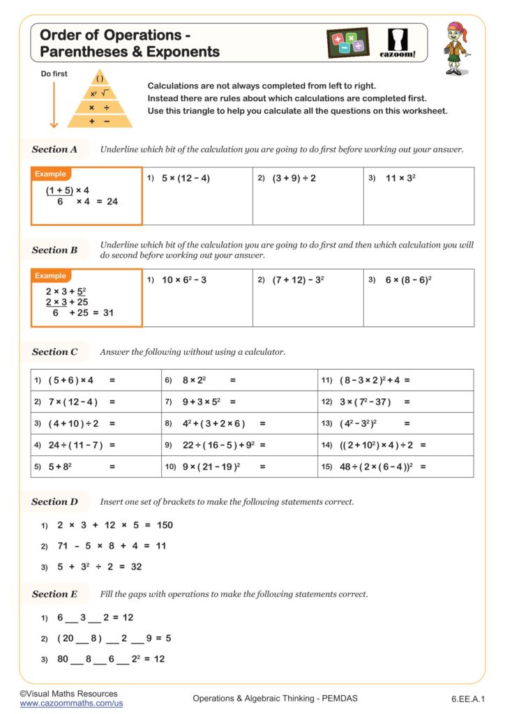 An order-of-operations worksheet on parentheses and exponents, with worked examples and exercises on calculations, brackets, and choosing operations.