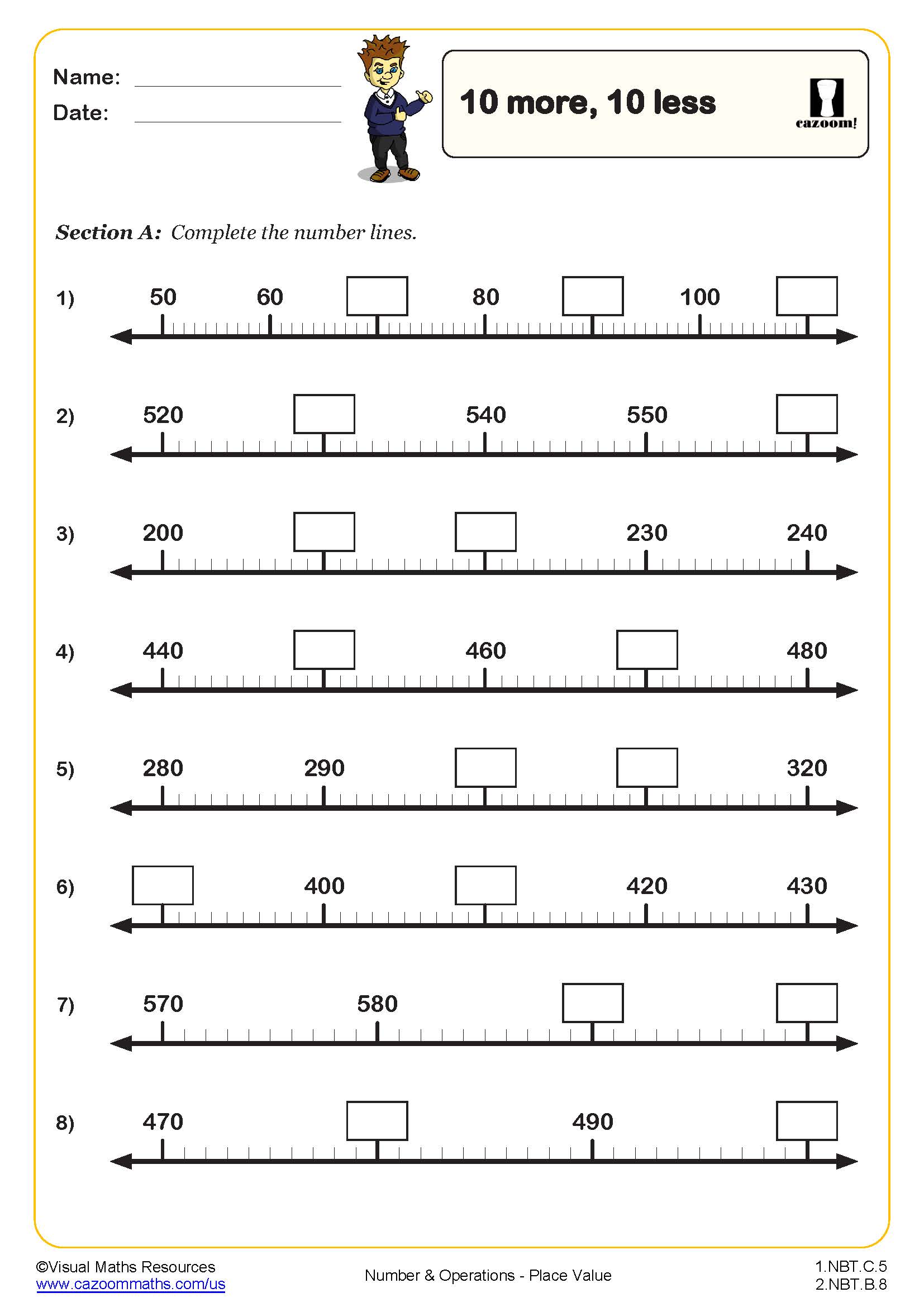 A number-line worksheet titled “10 more, 10 less,” with eight exercises featuring labeled number lines and blank boxes for students to fill in.