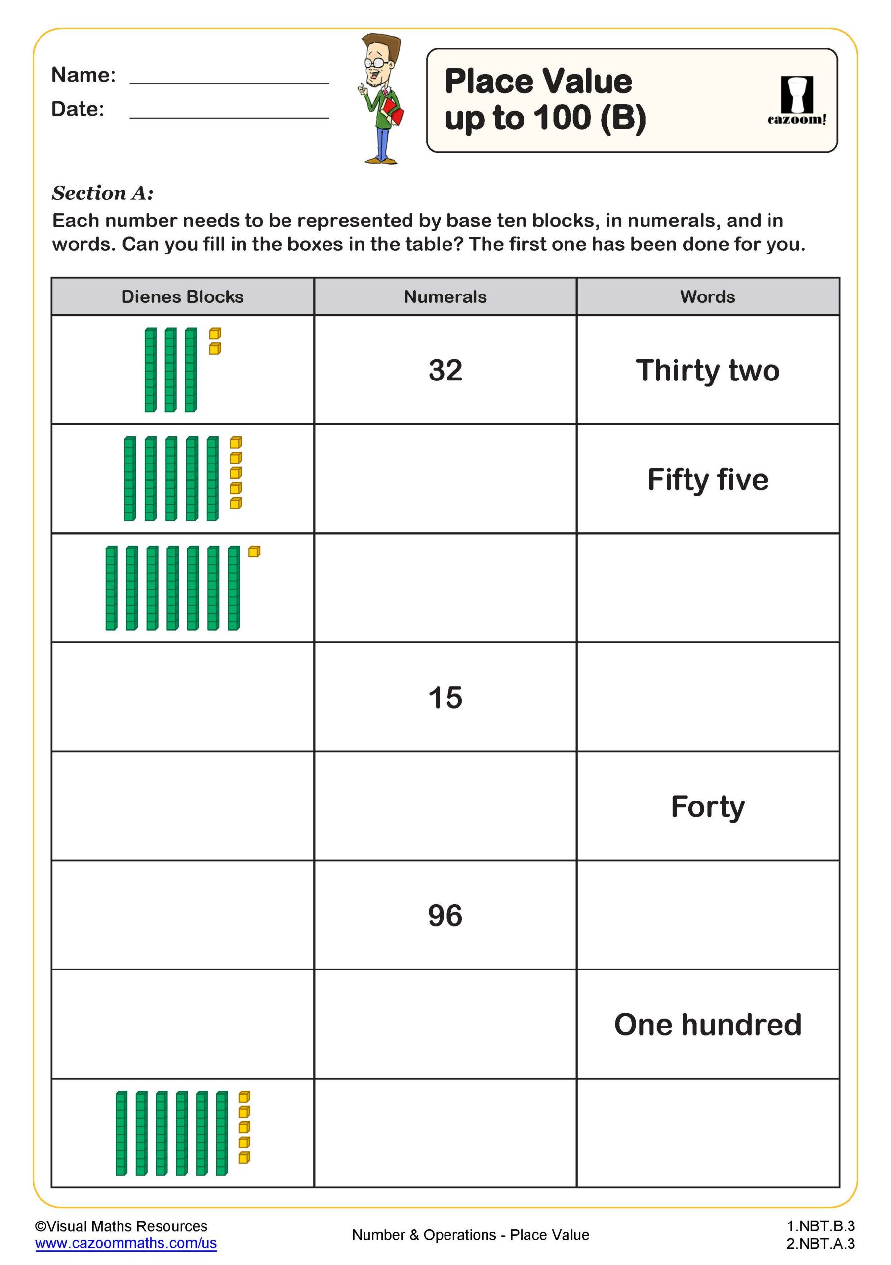 Place-value worksheet with a table for matching base-ten blocks, numerals, and number words; the first row is completed as an example.