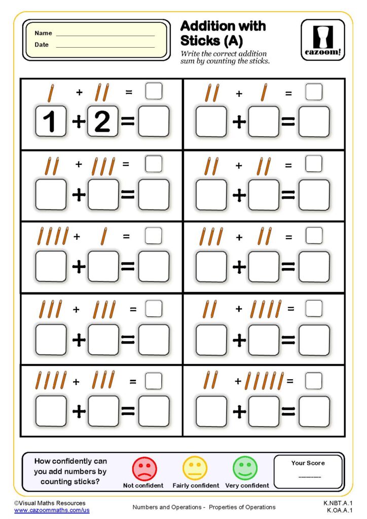 An addition worksheet titled “Addition with Sticks (A)” shows stick-counting problems with blank answer boxes, confidence faces, and a score box.