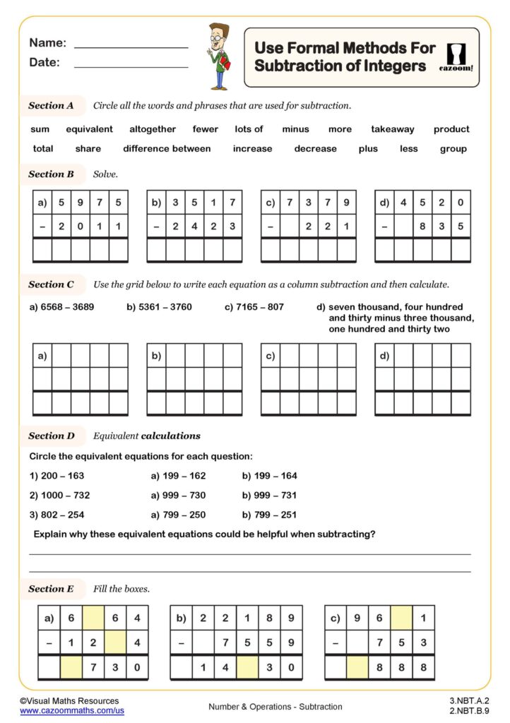 A math worksheet on formal methods for subtracting integers, with vocabulary, column-subtraction problems, equivalent calculations, and missing-number boxes.