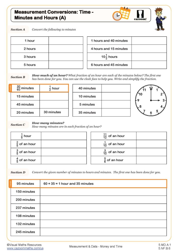 A worksheet on converting minutes and hours, with exercises on time conversions, fractions of an hour, a clock face, and a few worked examples.