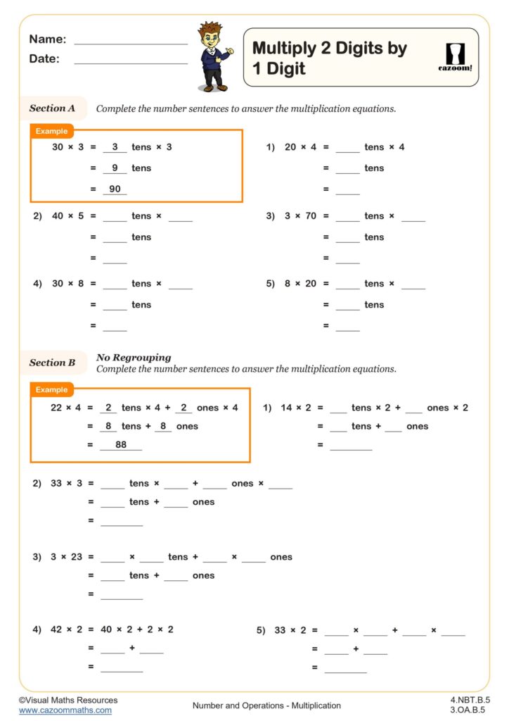 A worksheet on multiplying two-digit numbers by one-digit numbers, with worked examples and exercises on tens, ones, and no regrouping.
