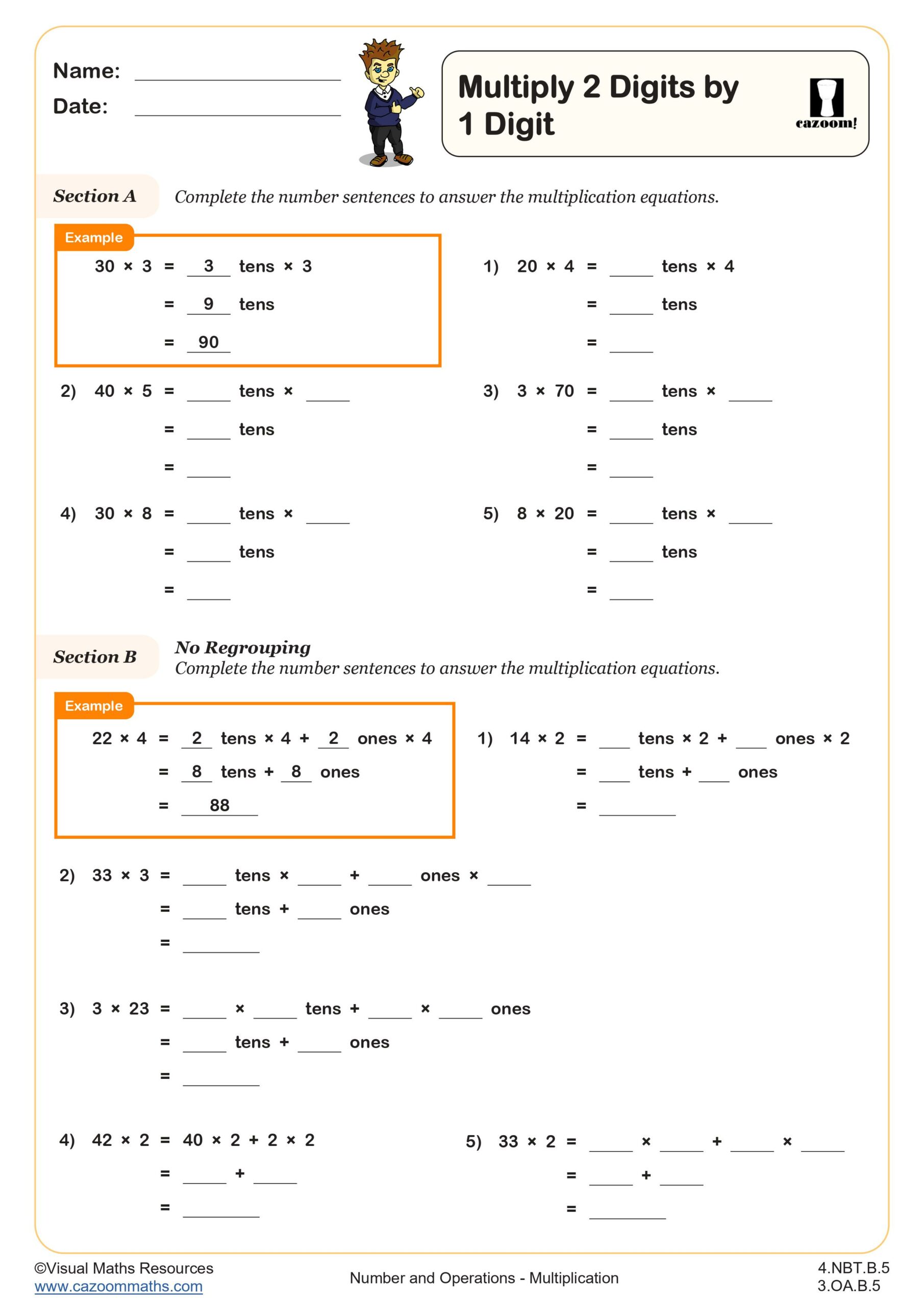 A worksheet on multiplying two-digit numbers by one-digit numbers, with worked examples and exercises on tens, ones, and no regrouping.