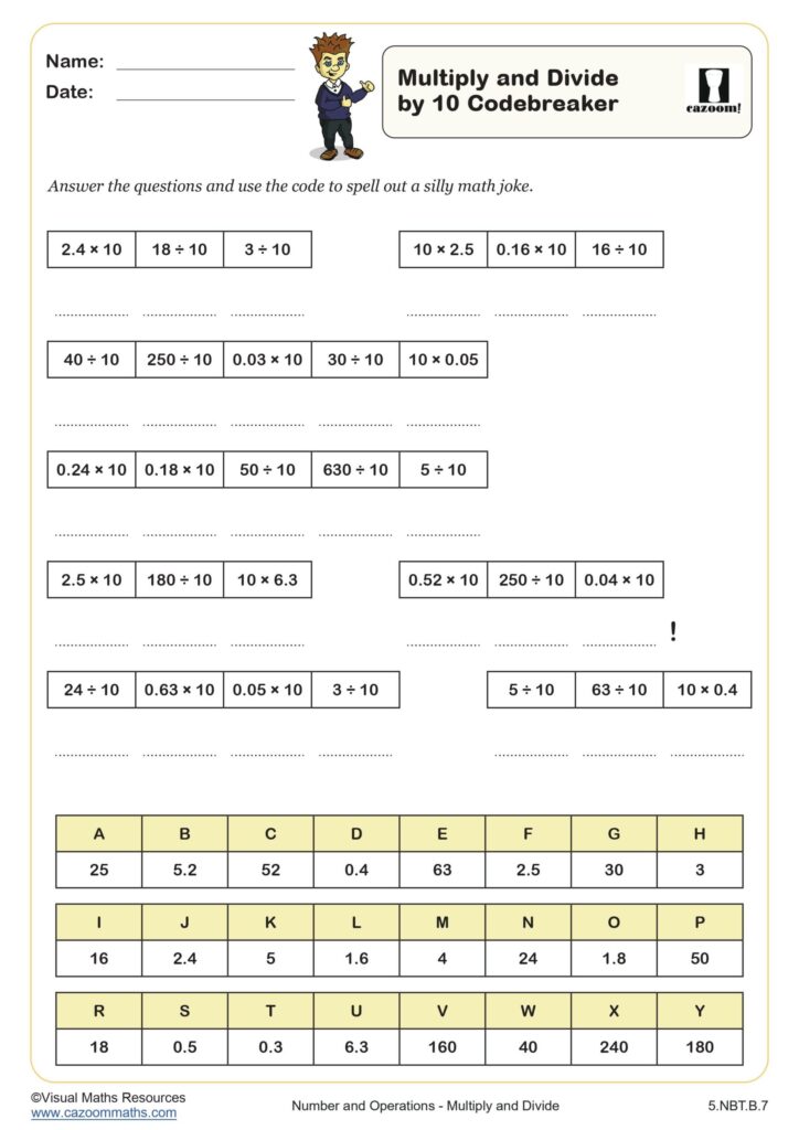 A Grade 5 multiply-and-divide-by-10 codebreaker worksheet, with arithmetic problems, letter-value tables, and spaces to spell out a math joke.