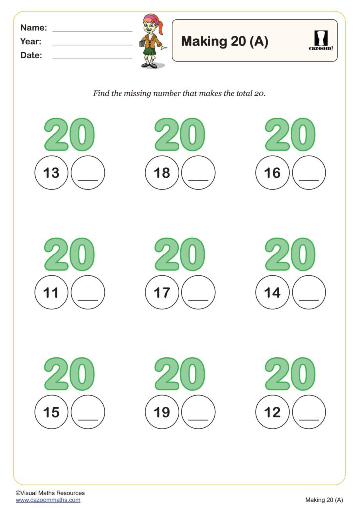 A “Making 20” worksheet with nine number pairs, each showing a number from 11 to 19 beside a blank for the missing addend.