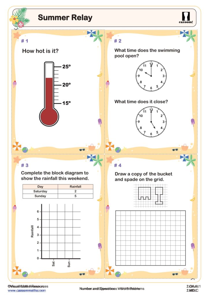 A summer-themed math worksheet with four activities: reading a thermometer, interpreting opening and closing times on clocks, completing a rainfall block diagram, and copying bucket and spade shapes onto a grid.