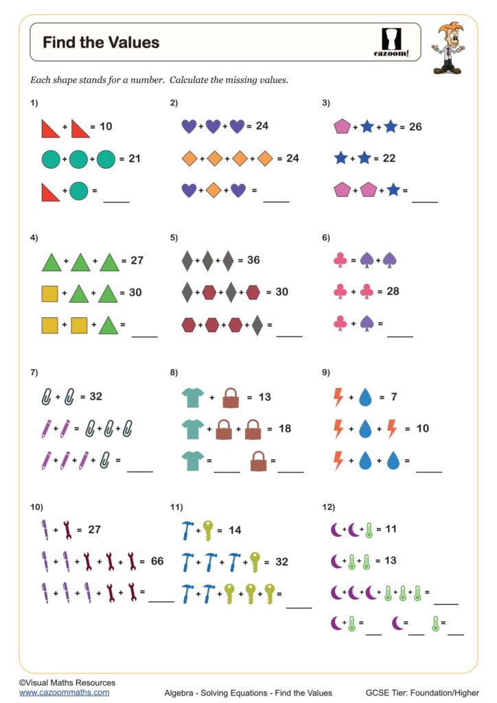 Algebra worksheet titled “Find the Values,” with twelve exercises using colored shapes and symbols to solve equations and fill in missing numbers.