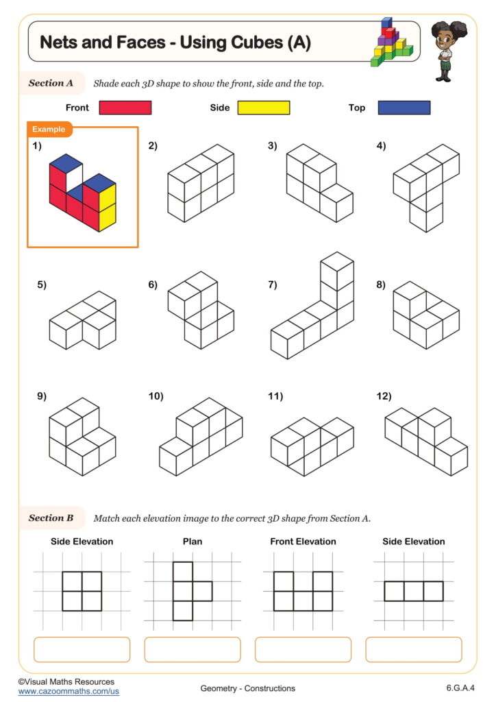 Geometry worksheet titled “Nets and Faces – Using Cubes,” with colored-face instructions, numbered cube drawings, and grid-based elevation matching exercises.