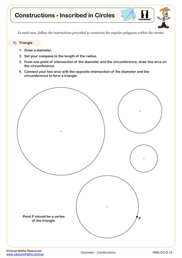 Geometry worksheet with instructions for constructing an inscribed triangle and four blank circles, including one with a marked vertex P.