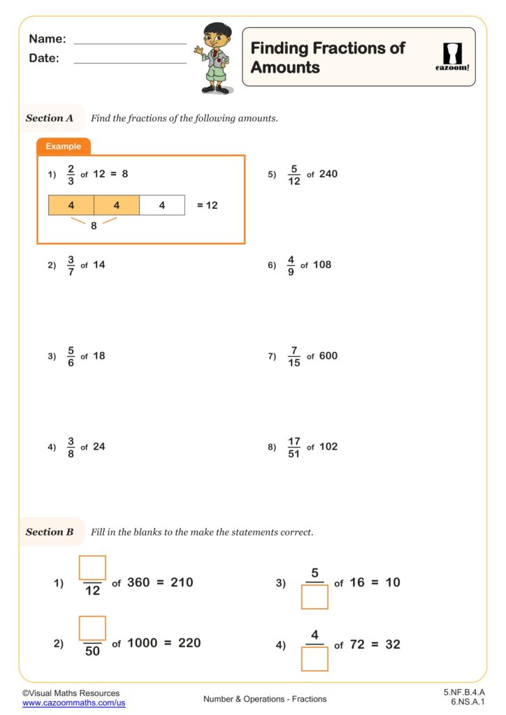 A worksheet titled “Finding Fractions of Amounts,” with fraction calculation problems, an illustrated example, and fill-in-the-blank equations.