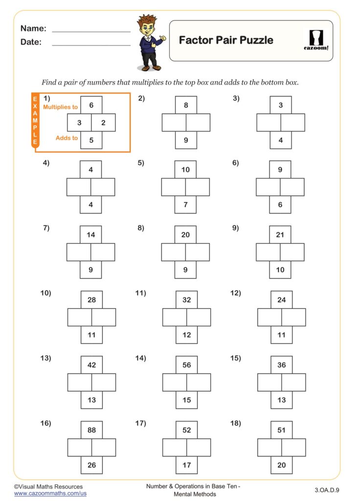 A factor-pair puzzle worksheet with 18 numbered problems. Each shows a target product above two blank boxes and a required sum below; the first problem is completed as an example.