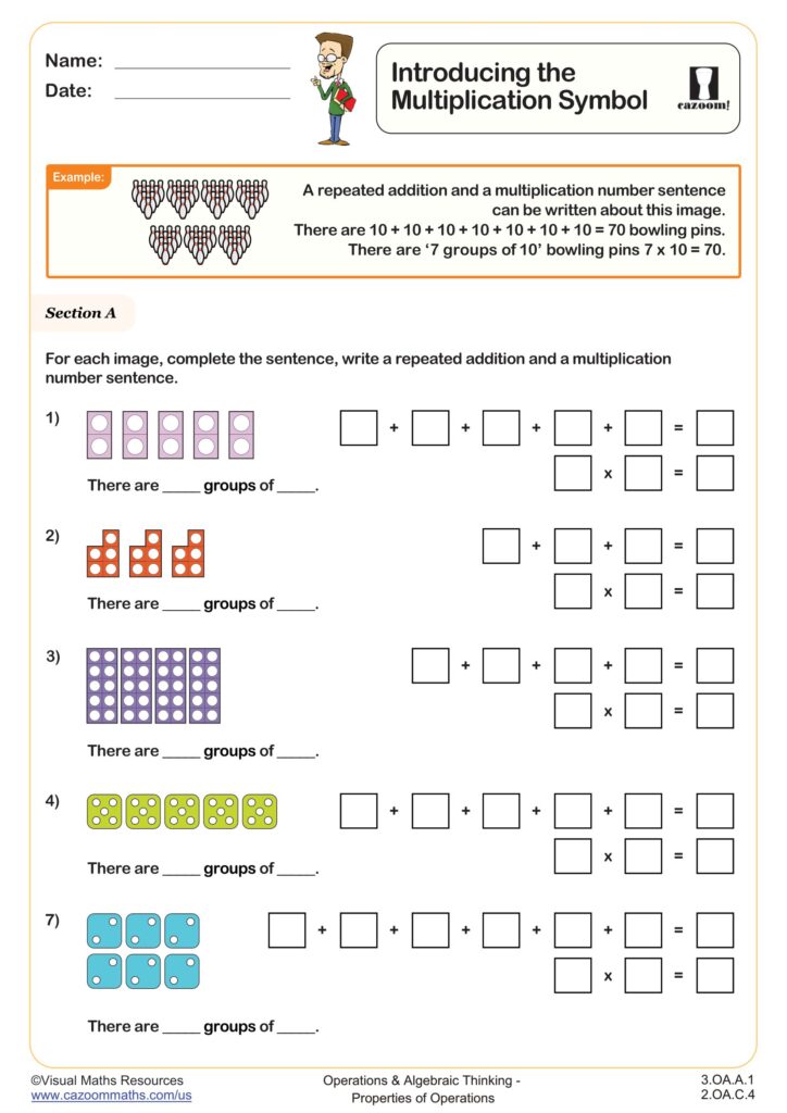 A worksheet introducing the multiplication symbol, with dice and bowling-pin examples and blank spaces to write repeated addition and multiplication sentences.