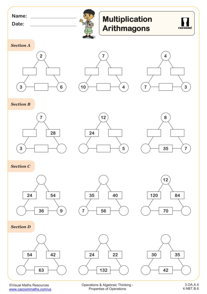A multiplication worksheet with four sections of triangle puzzles, each showing numbers in circles and rectangles, with some values left blank to complete.