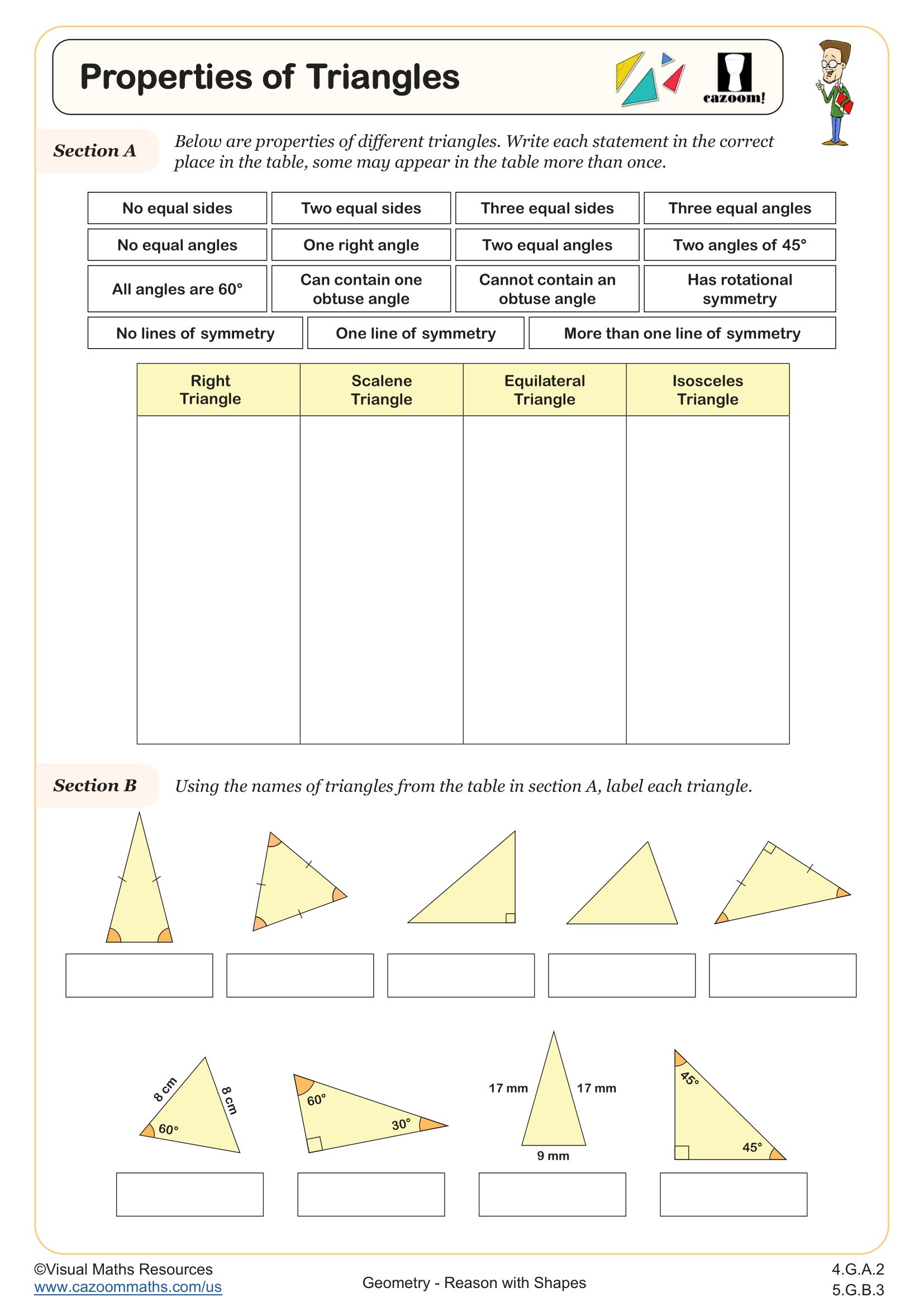 A geometry worksheet on triangle properties, with a table to sort properties and two sections asking students to classify triangles by their sides and angles.