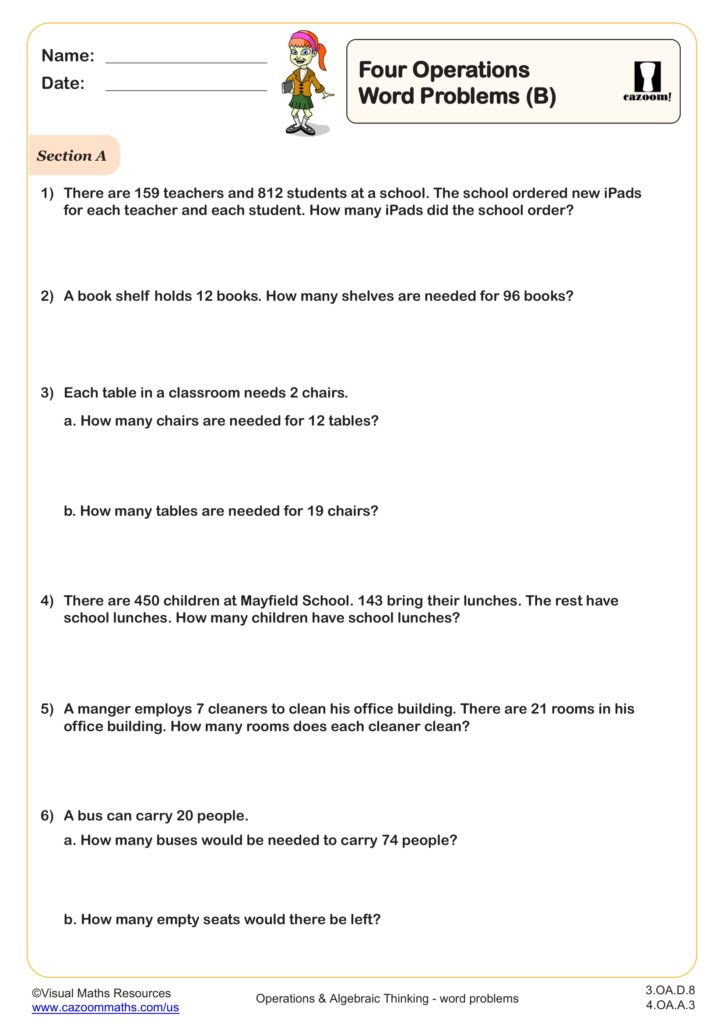 A worksheet titled “Four Operations Word Problems (B)” contains six school-themed arithmetic problems about iPads, bookshelves, chairs, lunches, cleaners, and buses.