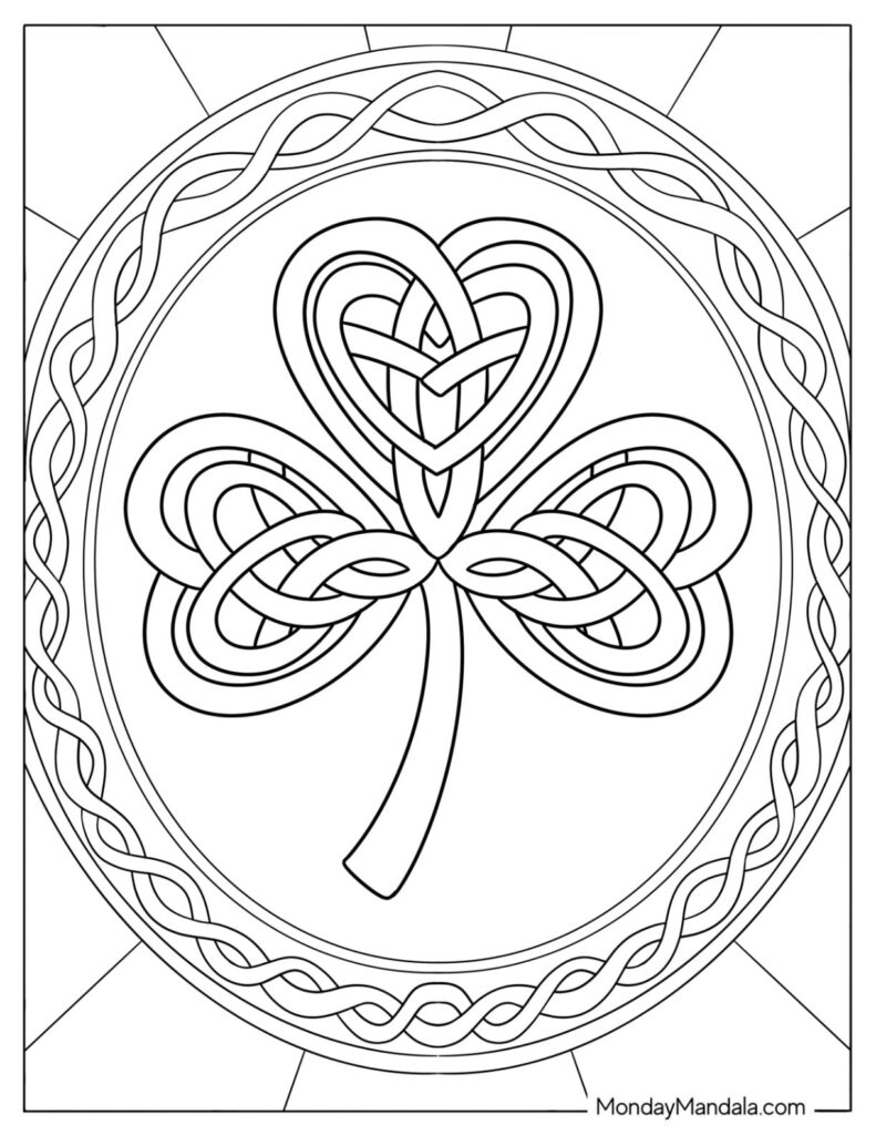 A large outlined shamrock with interlaced heart-shaped leaves sits inside a decorative circular Celtic knot border.