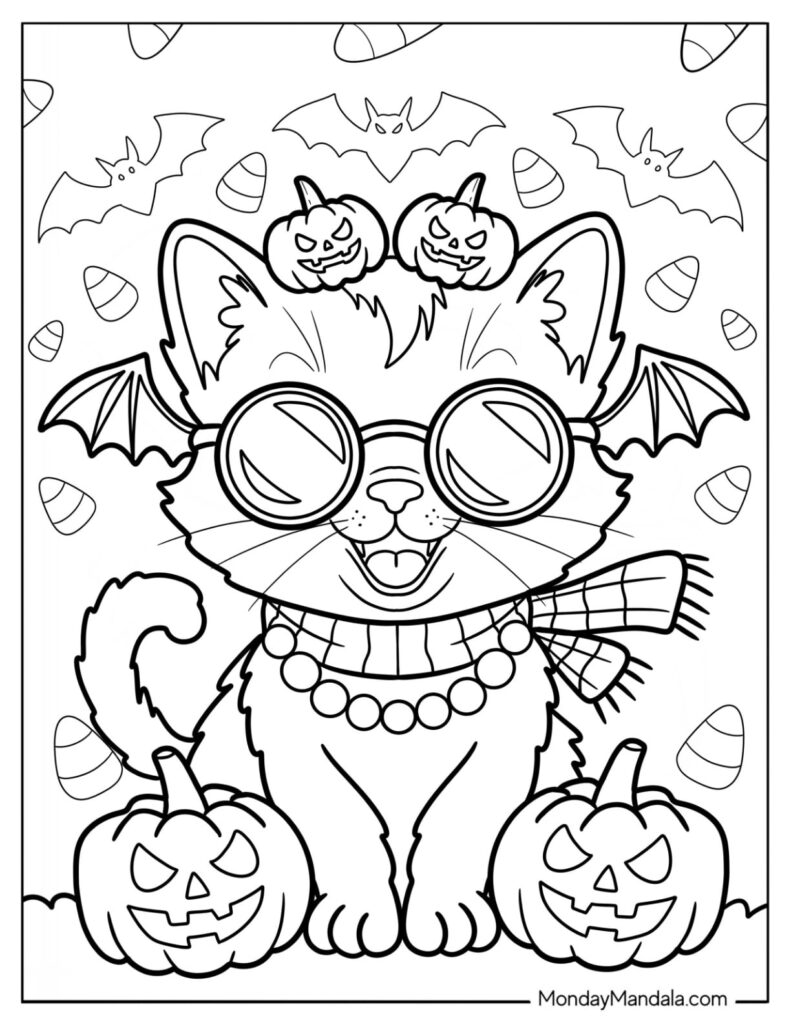 Halloween coloring page of a fluffy cat wearing round glasses, a pearl necklace, and a scarf, surrounded by jack-o’-lanterns, bats, and candy.