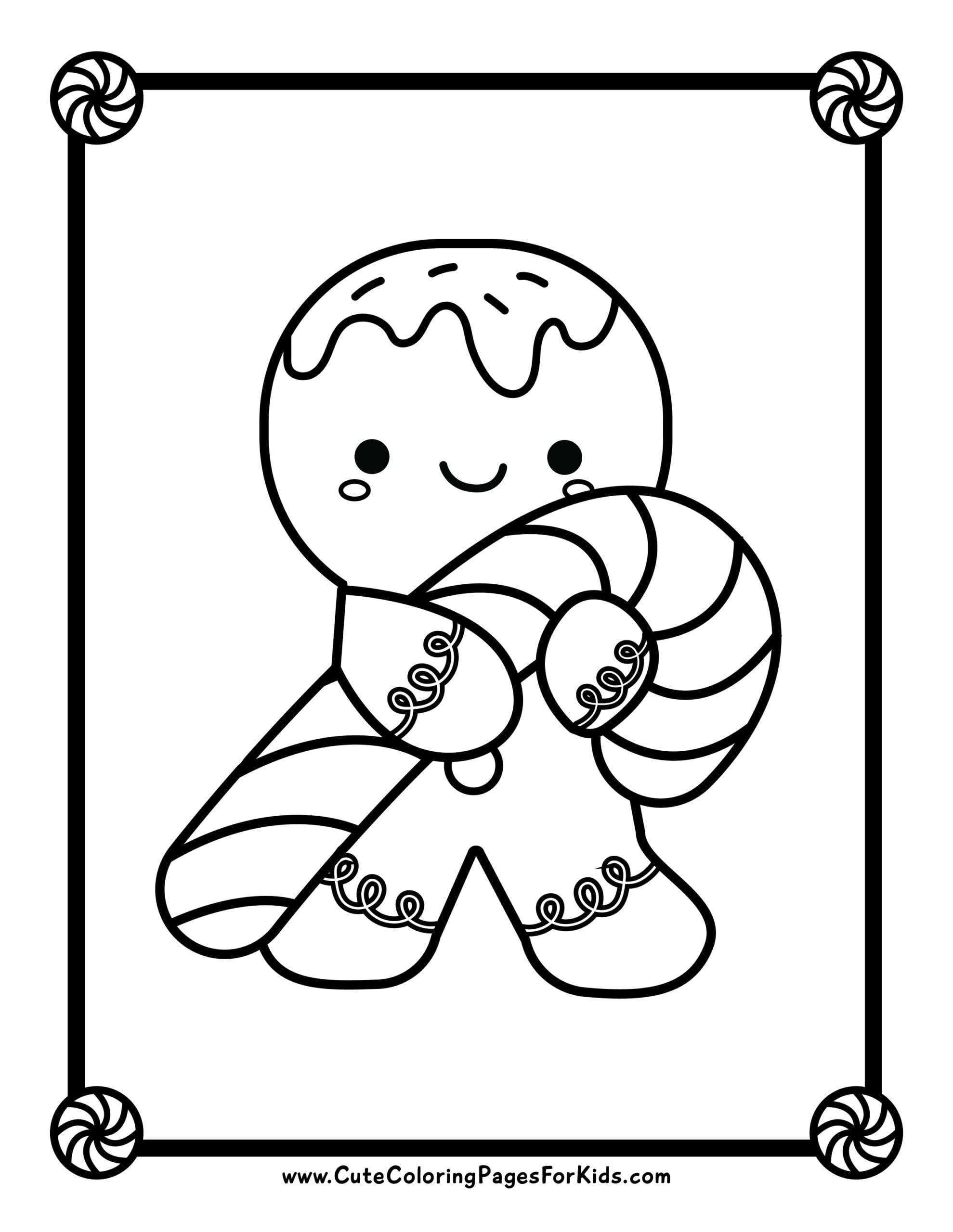 Black-and-white coloring page of a smiling gingerbread character holding two striped candy canes, with decorative candy motifs at the corners of a rectangular border.
