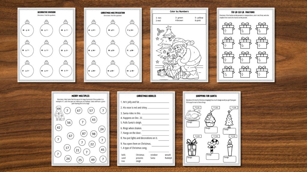 A collage of Christmas worksheets with ornament math problems, a Santa coloring activity, gift fraction problems, number puzzles, fill-in lines, and a holiday shopping exercise.