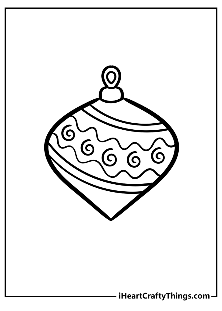 Black-and-white coloring page featuring a hanging teardrop-shaped ornament decorated with wavy bands and spiral motifs.