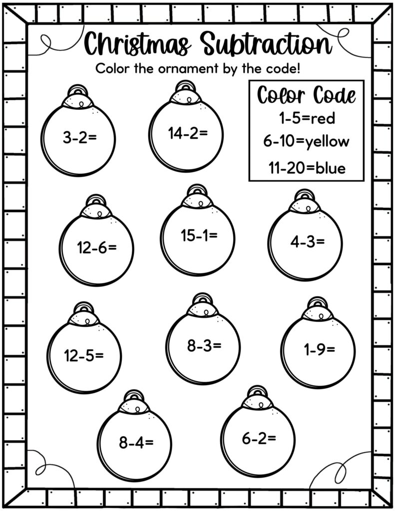 Christmas subtraction worksheet with ornament-shaped problems and a color code assigning answer ranges to red, yellow, and blue.