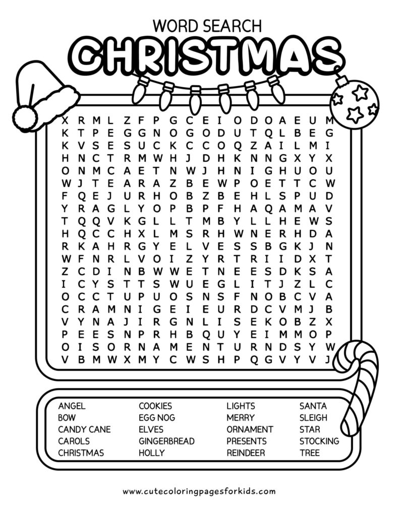 Christmas word-search worksheet with a letter grid, a list of holiday words, and festive outline decorations including a Santa hat, lights, ornament, and candy cane.