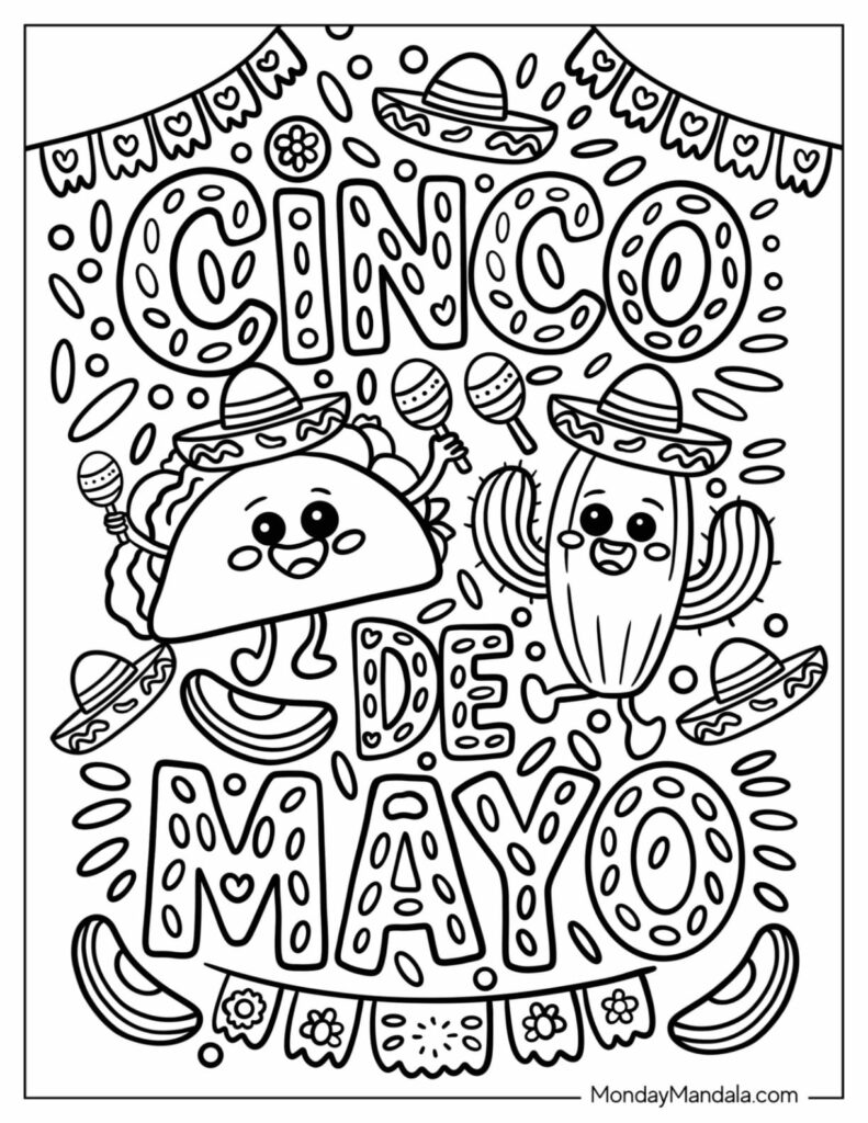 Cinco de Mayo coloring page with outlined lettering, a smiling taco and cactus wearing sombreros, maracas, and festive decorations.