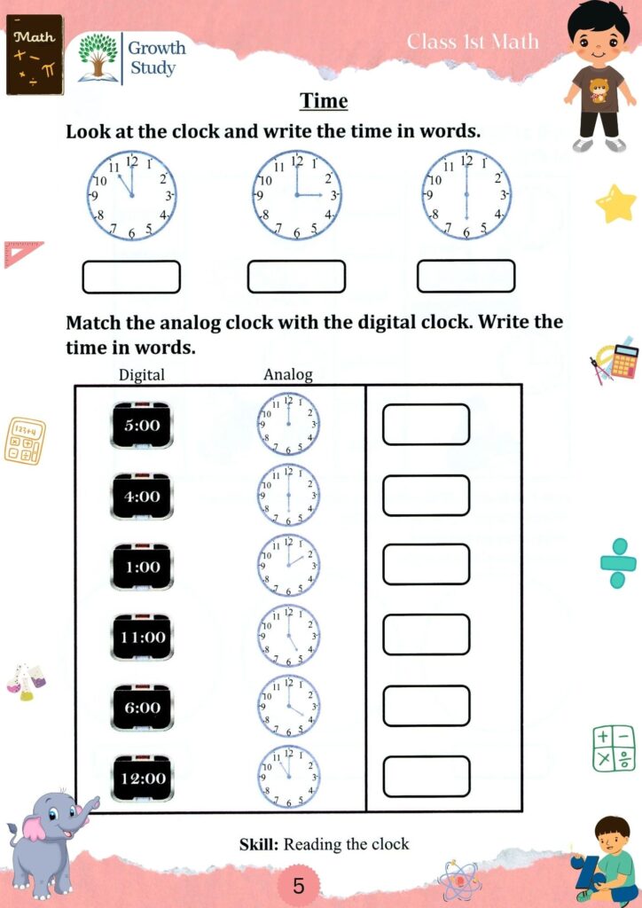 A first-grade worksheet asks students to write times shown on analog clocks and match analog clocks with digital times.