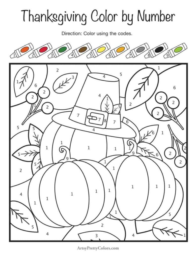 Thanksgiving color-by-number worksheet showing a large pumpkin beneath a pilgrim hat, surrounded by leaves and berries, with numbered color codes across the top.
