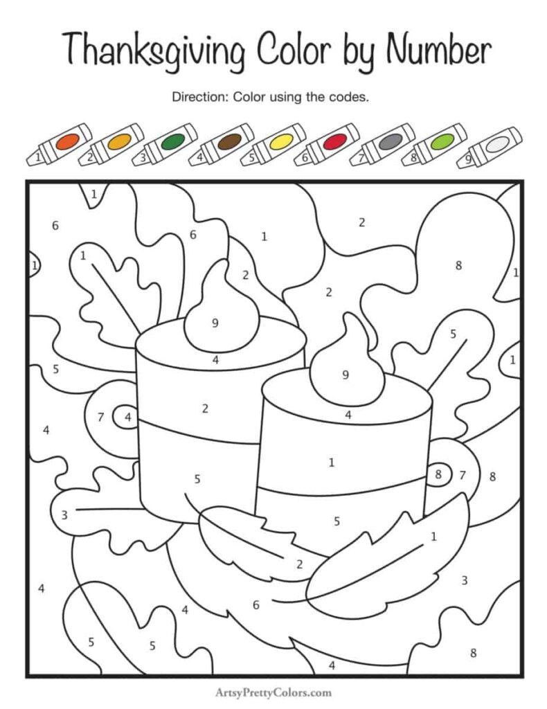 Thanksgiving color-by-number worksheet showing two decorated cakes among fall leaves, with numbered regions and a numbered crayon color key.